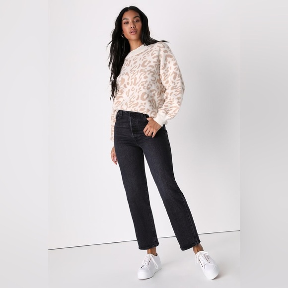 Lulus Purr-fectly Toasty Animal Print Ivory and Beige Pullover Sweater Small - Picture 1 of 10